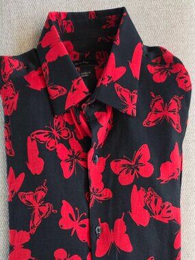 Porter & Ash Black Red Butterfly Shirt Men's Button Up Stretch Streetwear Medium